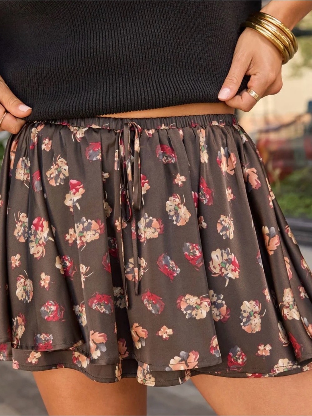 Vici Brown Floral Drawstring Skater Skirt